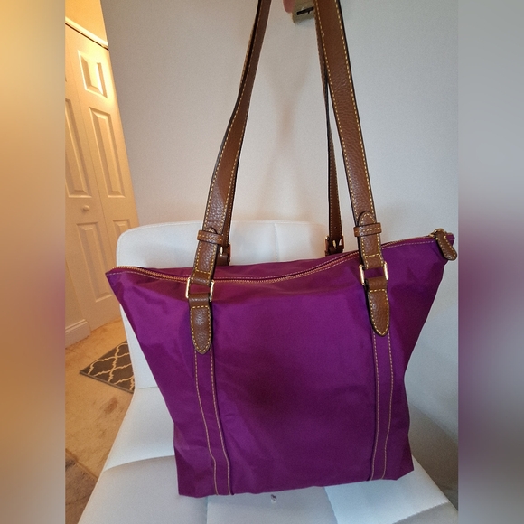 Ralph Lauren Purple Magenta Nylon Tote Shoulder Bag With Brown Straps - Picture 3 of 10